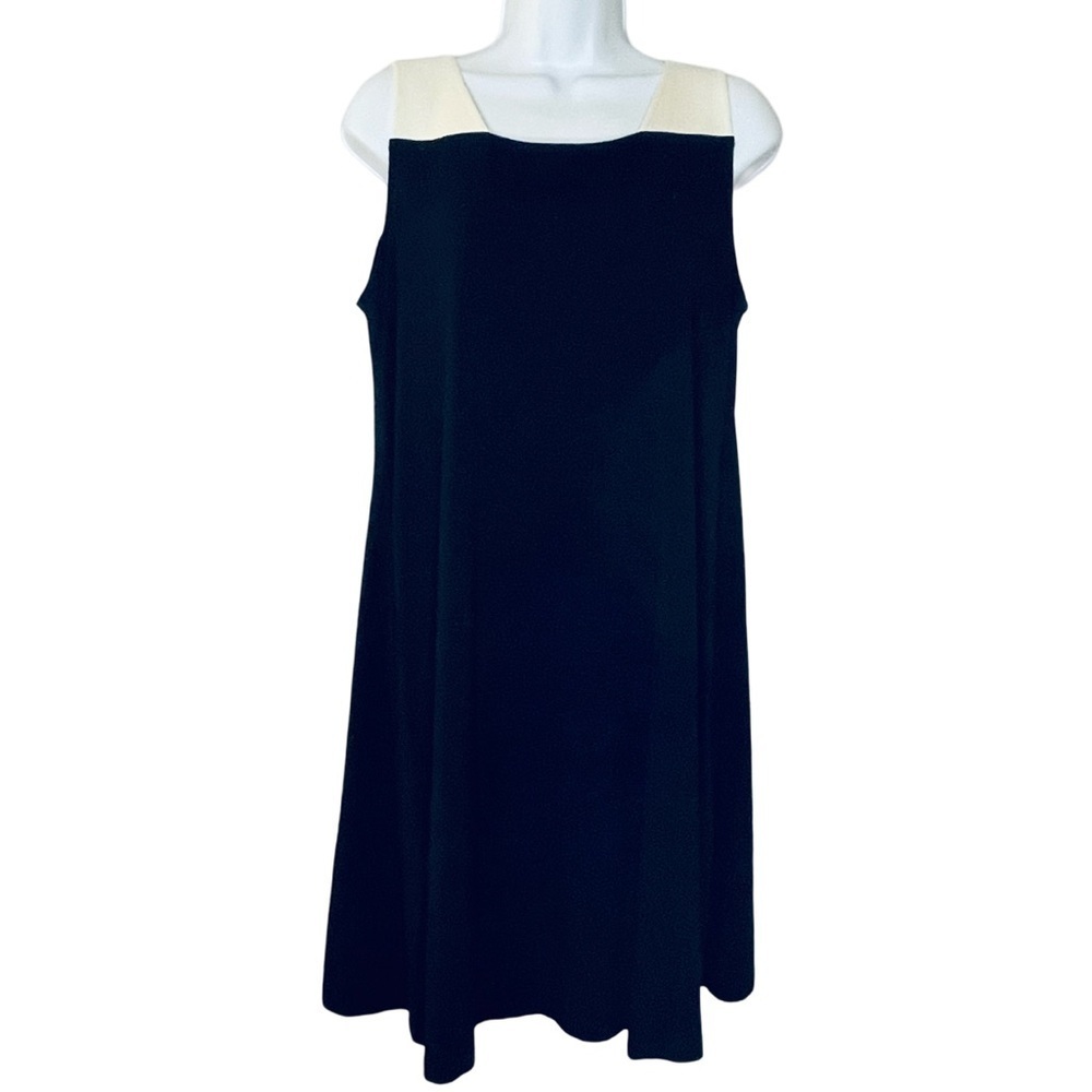 Eileen Fisher System Knee Length Black Dress with Cream Accent at Neck Size M